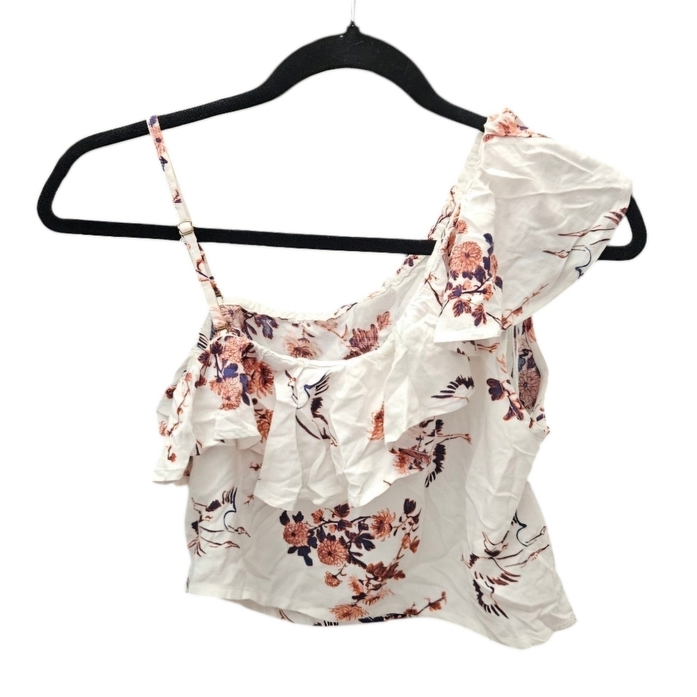 Roxy Lynnette Ruffled Floral White Crop Top Tapioca Serene Crane Print sz Small - Picture 4 of 9